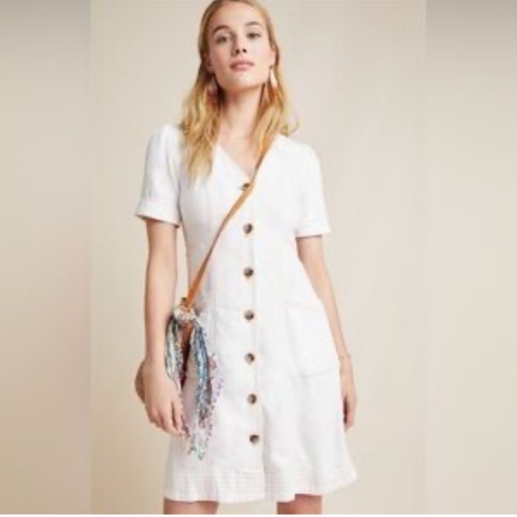 Pilcro Dresses & Skirts - NWOT Anthropologie Pilcro Linen Blend White Button Front Dress w Pockets 8